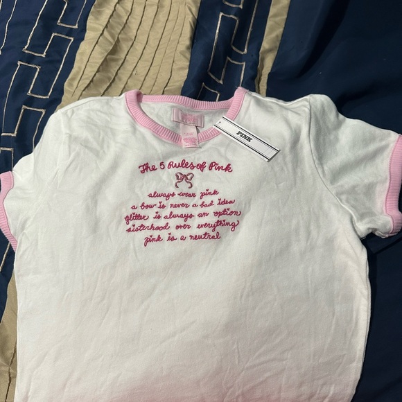 PINK Victoria's Secret x LOVESHACK FANCY White and Pink baby tee BRAND NEW - Picture 1 of 2